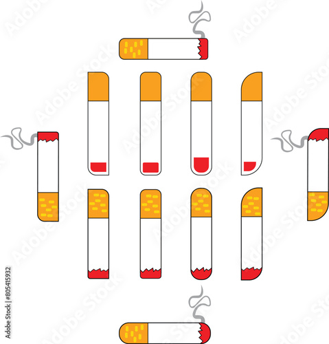 Set of Smoking cigarette flat icons. Unhealthy, nicotine, smell elements. Addiction concepts. Vectors illustration can be used for topics like break, bad habits, tobacco on transparent background.