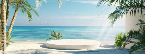 A platform for product advertising next to the summer beach  suitable for summer sales and discounts.