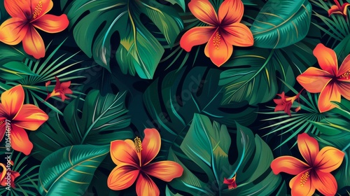 Tropical paradise lush leaves and vibrant flowers