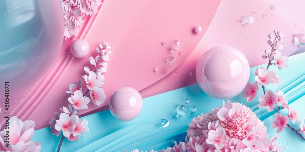 Pink and Blue Background With Flowers and Bubbles Pink and Blue Background With Flowers and Bubbles
