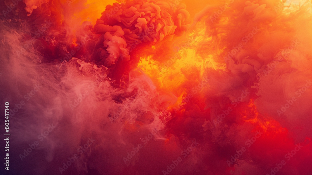 An explosion of smoke in vibrant hues of red and orange, with a subtle neon amber glow that adds warmth and intensity.