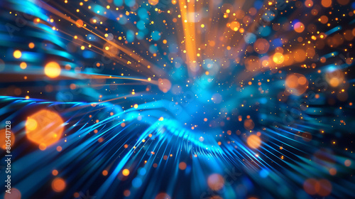 An abstract visualization of sound waves, with blue and orange rays expanding outward from a central point. The scene is brought to life with bokeh lights that pulse and flicker, photo