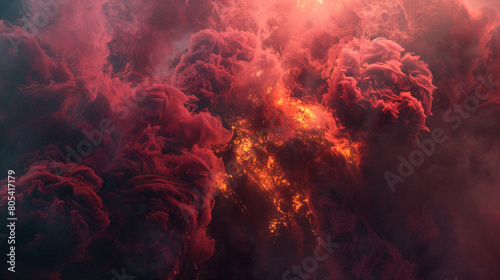 An intense burst of smoke in crimson  subtly accented with a neon gold texture  adding a regal touch to the fiery scene.