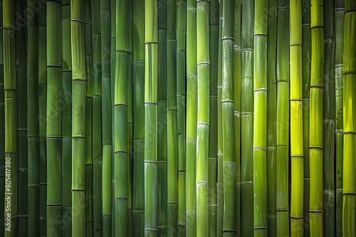 An abstract view of a bamboo grove  the vertical lines of the bamboo stalks creating a natural rhythm and pattern  with shades of green ranging from light to dark in a mesmerizing display. 