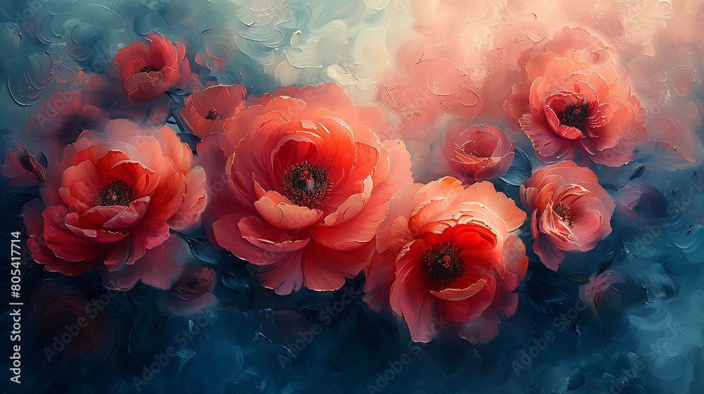 An artistic rendering of burnt coral peonies, with edges that fade into a diffuse, abstract haze of similar hues. An artistic rendering of burnt coral peonies, with edges that fade into a diffuse, abstract haze of similar hues.