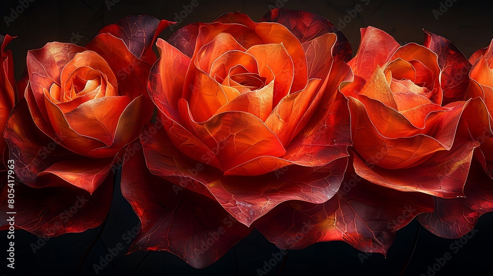 An artistic rendering of terra cotta roses, with petals that curl and twist in deep shadows, evoking a sense of mystery and drama. An artistic rendering of terra cotta roses, with petals that curl and twist in deep shadows, evoking a sense of mystery and drama.