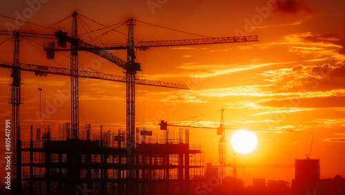 A large building with cranes in the background and a large sun in the sky