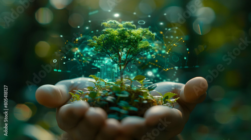 Man Double Exposure with Eco Investment Cheers: Celebrating Smart Eco Investments with Upward Green Trends in Logistics Business