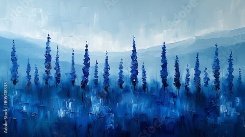 Bold French blue abstract painting of lavender fields, with a minimalist design and hints of green for a fresh look.