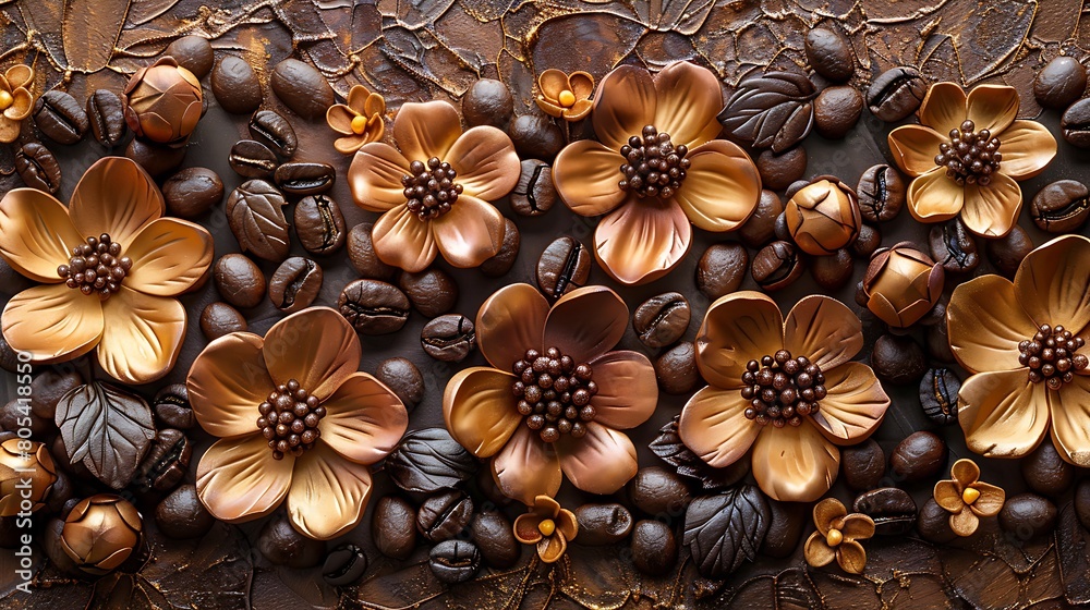 Close-up of a pattern combining coffee beans and delicate flowers, all rendered in rich iced coffee hues for a comforting effect. Close-up of a pattern combining coffee beans and delicate flowers, all rendered in rich iced coffee hues for a comforting effect.