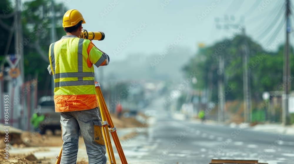 Fototapeta premium A Survey Engineer Uses a Theodolite for Accurate Marking at the Construction Site