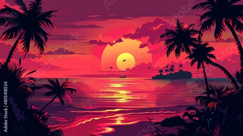 a sunset with silhouettes of palm trees and the sun setting over an ocean