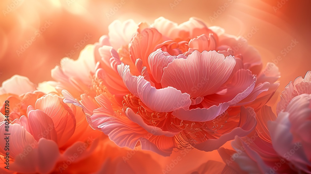 Close-up of coral peonies, the petals with burnt edges set against a softly blurred, abstract coral background. Close-up of coral peonies, the petals with burnt edges set against a softly blurred, abstract coral background.