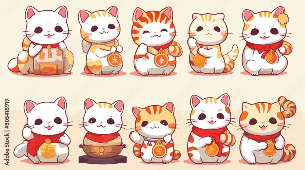 Set of different Japanese lucky cat maneki neko vec