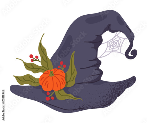 Witch pointy hat. Halloween october party magician costume element, spooky wizard pumpkin decorated hat flat vector illustration. Cute magician hat on white