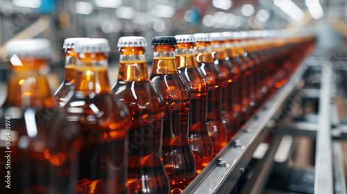 Amber Glass Bottles on Beverage Production Line in Factory