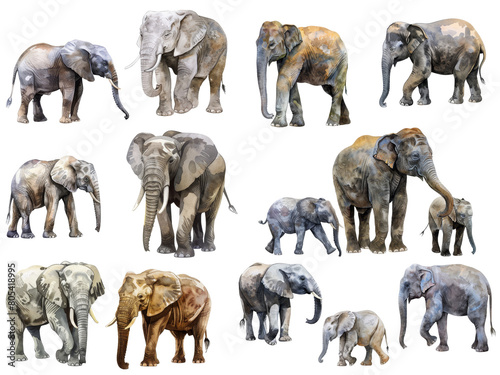 Collection of Elephants watercolor style on transparent background