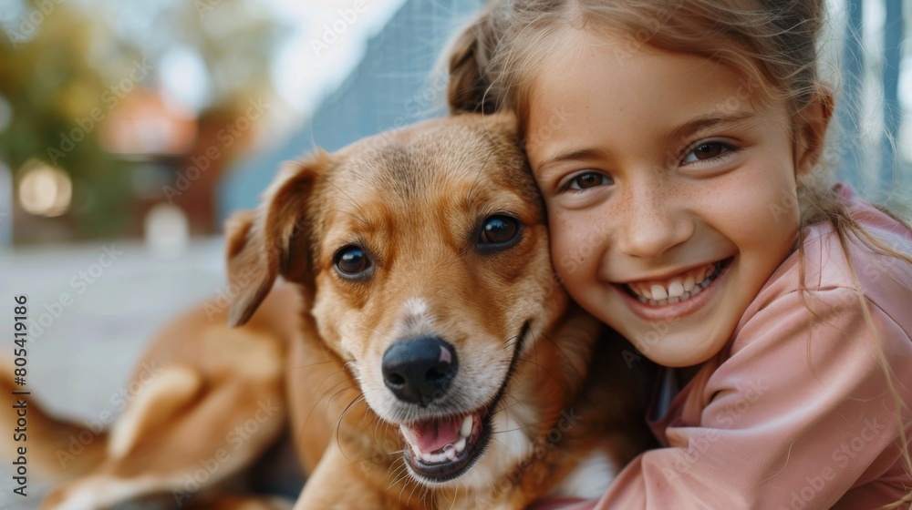 A little girl joyfully embraces a dog on the ground A little girl joyfully embraces a dog on the ground