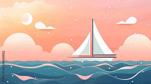 Sailboat on the sea with a pink sky and moon