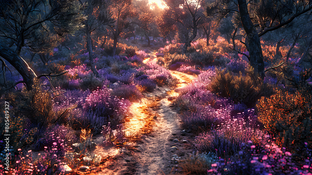 Fototapeta premium Sunlit forest path with wild purple flowers, a tranquil scene in a vibrant woodland setting