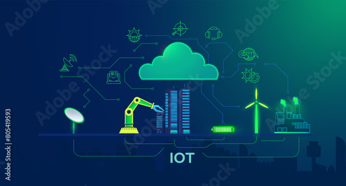 Innovative IoT Concept Illustration with Connected Devices in Smart City. Showcasing an interconnected Internet of Things (IoT) ecosystem within a smart city, highlighting automation and connectivity.