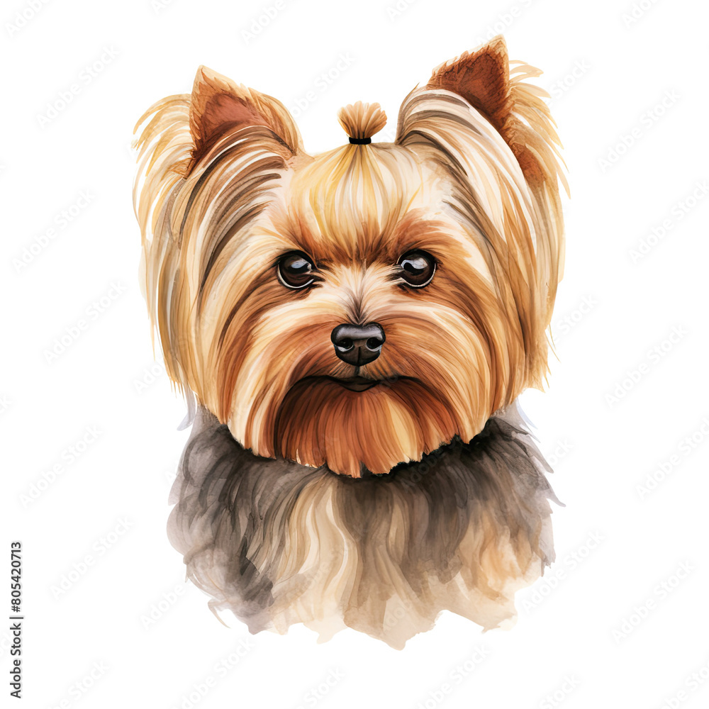 AI-Generated Watercolor cute Yorkshire Terrier face Clip Art Illustration. Isolated elements on a white background.