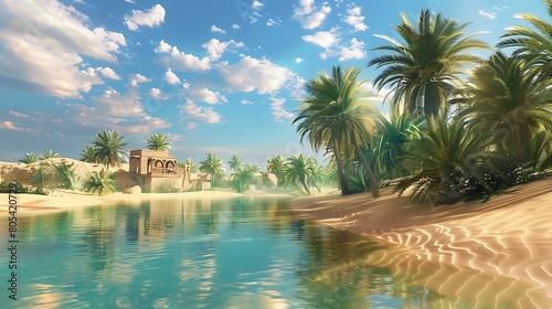 Virtual desert oasis surrounded by shimmering sands and palm trees, an oasis of serenity.