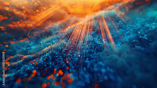 An abstract aerial view of a landscape where blue and orange light rays form a patchwork quilt of colors. The bokeh effects add a sense of scale and texture,