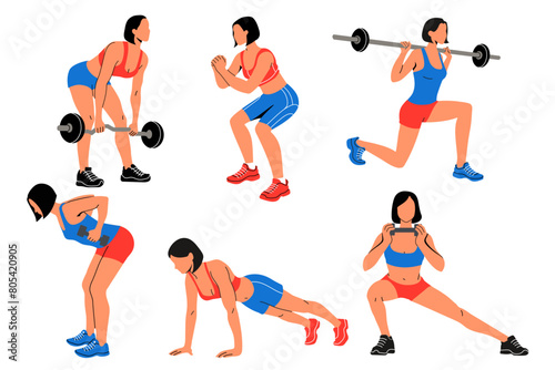 Vector set young woman doing fitness. Athletic and beautiful woman in the gym, exercising with dumbbells and barbell