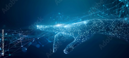 Hand touching digital glowing line mesh on blue background, signifying touchless technology and future of business innovation