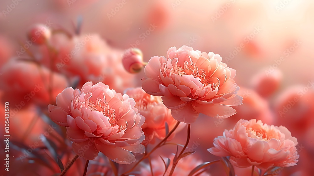 Coral peonies with burnt edges, gracefully fading into an abstract coral haze, capturing a blend of beauty and decay. Coral peonies with burnt edges, gracefully fading into an abstract coral haze, capturing a blend of beauty and decay.