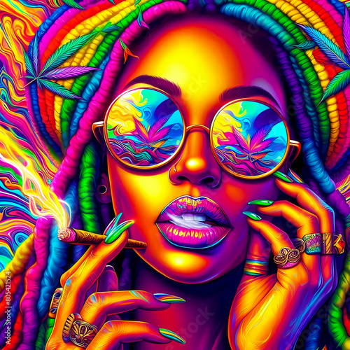 digital art vibrant colorful psychedelic beautiful jamaican woman smoking a blunt © The A.I Studio