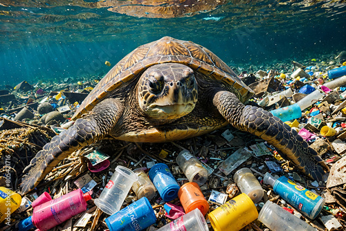 A sea turtle swims in its natural ocean habitat, navigating through plastic pollution and garbage that tarnish its surroundings, Generative AI