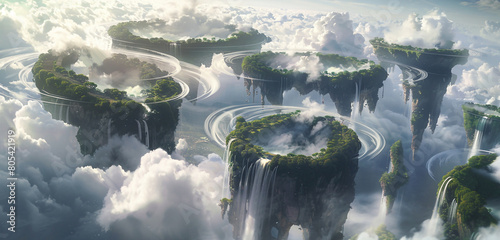 Above a sea of clouds, a series of floating islands cascade with waterfalls that evaporate into mist before ever reaching the ground.