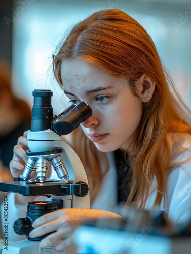 Group of college students performing experiment using microscope in science lab University focused student looking through microscope in biology class High school girl examine samp photo
