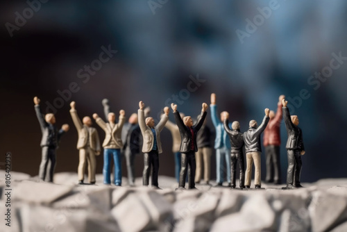 Group of small figures in human form, standing together on a large rock formation