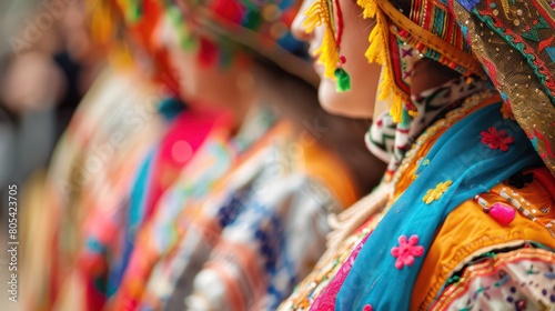 A close-up view of exquisite, colorful traditional folk costumes with intricate embroidery
