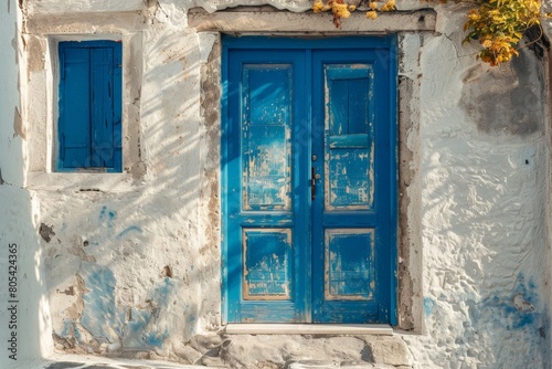 Traditional Greek White Houses with Colorful Doors in Megalochori Village - Santorini Island  Greece. Beautiful simple AI generated image in 4K  unique.