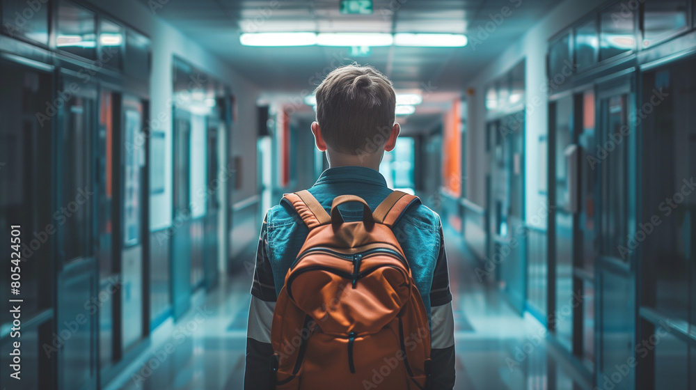 Schoolboy with Backpack in School Setting Schoolboy with Backpack in School Setting