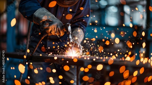 Experienced welder operating in a fabrication shop  skillfully welding metal with sparks flying  emphasizing safety and skill  close-up