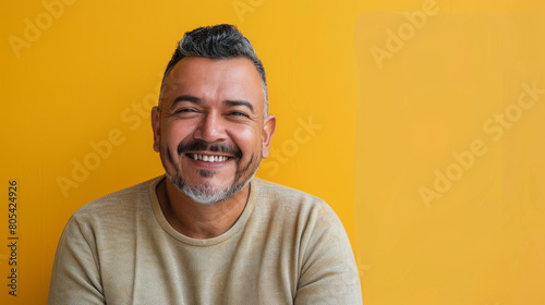 A man with a mustache is smiling and wearing a yellow shirt photo
