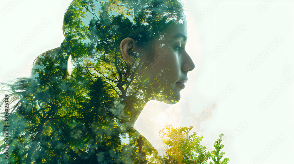 Green Synergy: Women in Business Double Exposure with Natural Theme and Isolated White Background