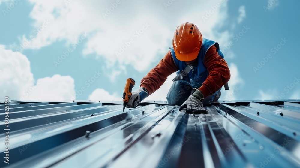 Construction worker using air or pneumatic nail gun and installing metal sheet on top of the new roof. Construction worker using air or pneumatic nail gun and installing metal sheet on top of the new roof.