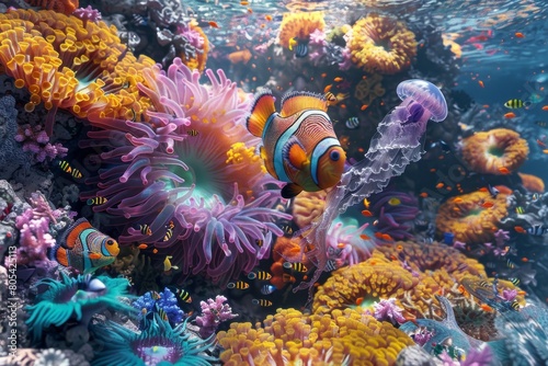 A beautiful, vibrant underwater ocean garden with sea life and coral. 