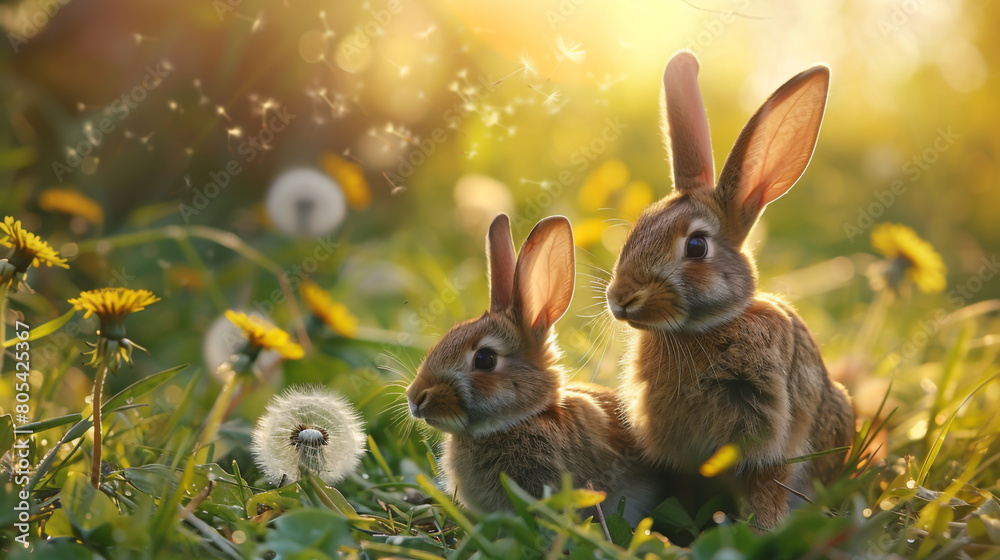 Mother and baby rabbit in grass with dandelion flowers on sunny spring day.