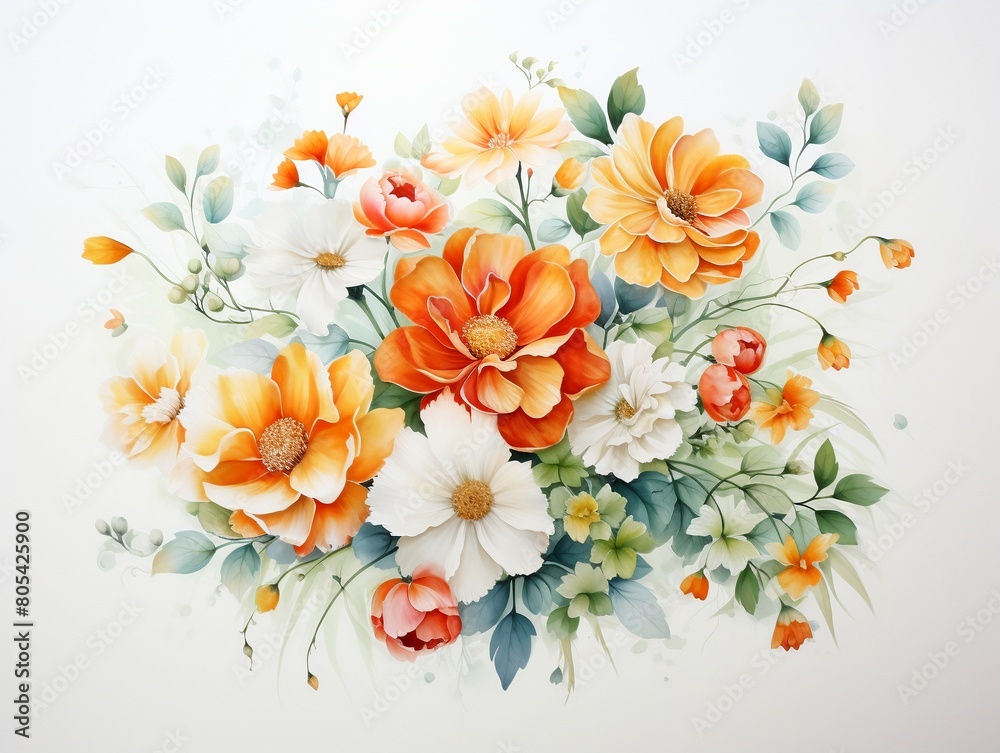 Delicate watercolor of Jasmine and Calendula, symbolizing mental healing, with soft red blooms and vibrant green leaves on a white background ,  watercolor painting