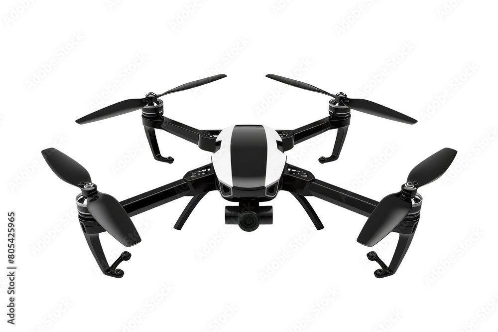 Black and white quadcopter, close-up, on a transparent background Black and white quadcopter, close-up, on a transparent background