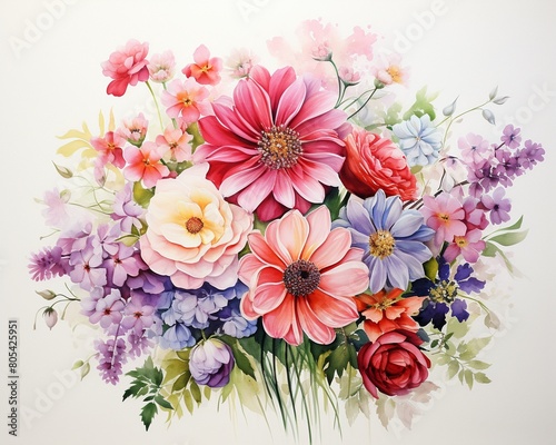 Ethereal floral arrangement in watercolor, showcasing pink tulips and forgetmenot flowers, symbolizing love, against a white backdrop , watercolor painting