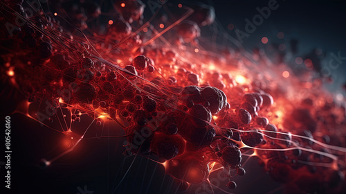 Abstract technology burst with glowing wires and particles in motion. Technology and science dynamic background.