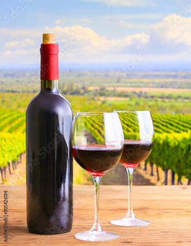 Bottle and two glasses of red wine on a wooden table with a field of vineyards in the background. With copy space.